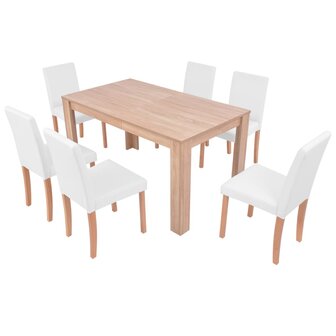 Eettafel met stoelen kunstleer en eikenhout cr&egrave;me 7-delig