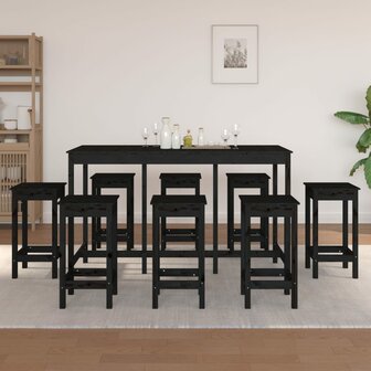 9-delige Barset massief grenenhout zwart