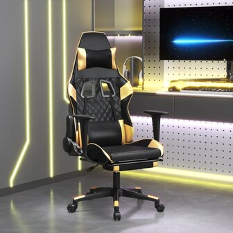Gamestoel met voetensteun kunstleer zwart en goudkleurig