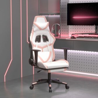 Gamestoel met voetensteun kunstleer wit en roze