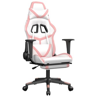Gamestoel met voetensteun kunstleer wit en roze