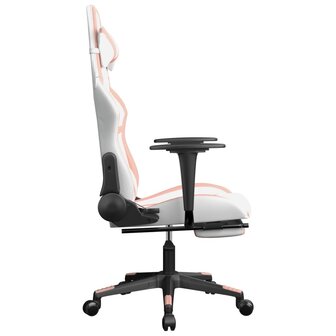 Gamestoel met voetensteun kunstleer wit en roze
