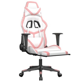 Gamestoel met voetensteun kunstleer wit en roze