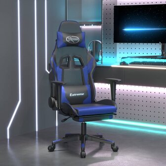 Gamestoel met voetensteun kunstleer zwart en blauw
