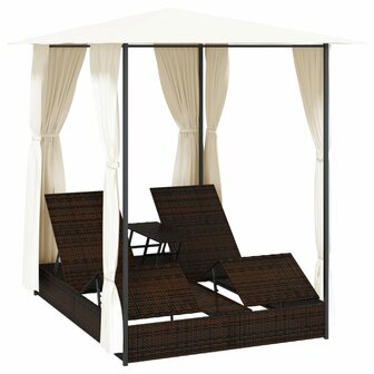 Ligbed tweepersoons met gordijnen poly rattan bruin