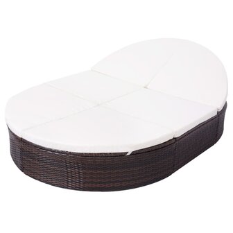 Loungebed met kussen poly rattan bruin