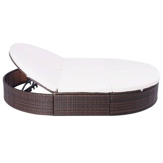 Loungebed met kussen poly rattan bruin