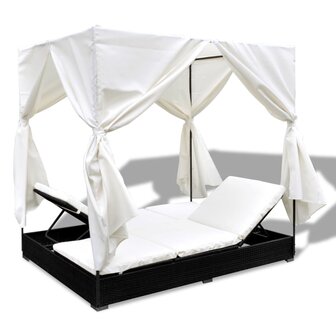 Loungebed met gordijnen poly rattan zwart
