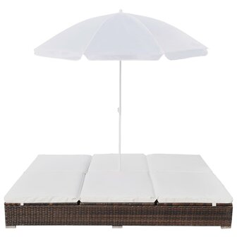 Loungebed met parasol poly rattan bruin