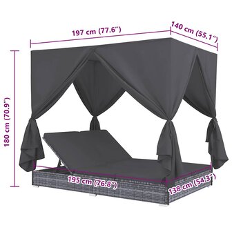 Loungebed met gordijnen poly rattan grijs