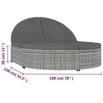 Ligbed met kussens 2-persoons poly rattan grijs