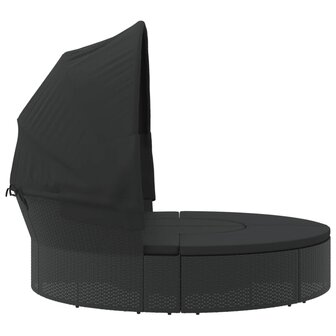 Loungebed met luifel en kussens poly rattan zwart