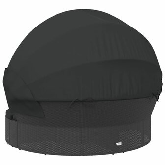 Loungebed met luifel en kussens poly rattan zwart