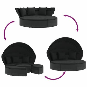 Loungebed met luifel en kussens poly rattan zwart
