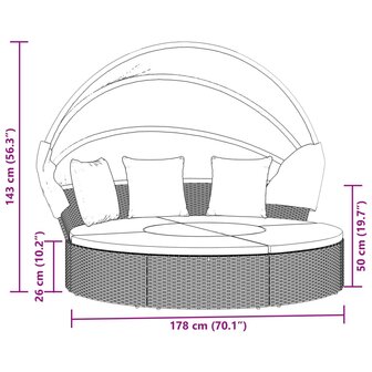 Loungebed met luifel en kussens poly rattan zwart