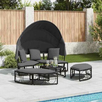 Loungebed met luifel en kussens poly rattan zwart