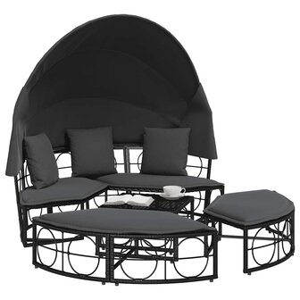 Loungebed met luifel en kussens poly rattan zwart