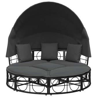 Loungebed met luifel en kussens poly rattan zwart