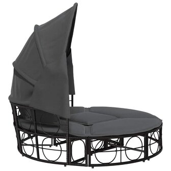 Loungebed met luifel en kussens poly rattan zwart