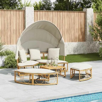 Loungebed voor buiten met luifel en kussens poly rattan