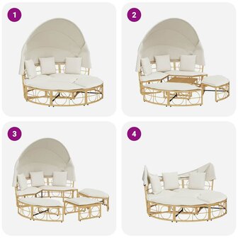 Loungebed voor buiten met luifel en kussens poly rattan