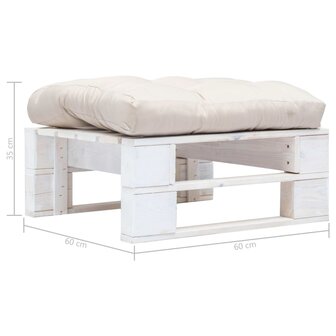 Tuinpoef met zandkleurig kussen pallet hout wit