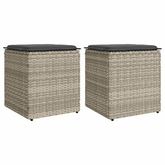 Tuinkrukken met kussens 2 st 40x40x43 cm poly rattan lichtgrijs