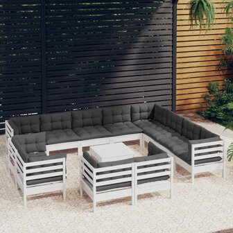 13-delige Loungeset met kussens massief grenenhout wit