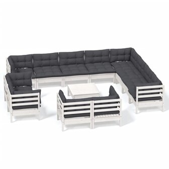 13-delige Loungeset met kussens massief grenenhout wit