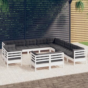 13-delige Loungeset met kussens massief grenenhout wit