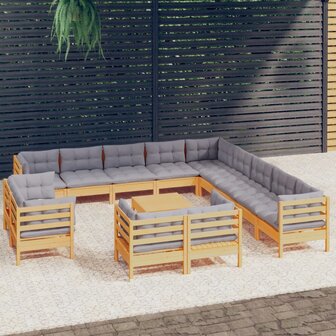 14-delige Loungeset met grijze kussens massief grenenhout