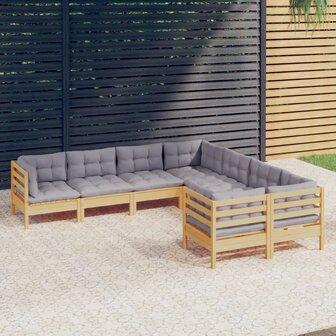 8-delige Loungeset met grijze kussens massief grenenhout