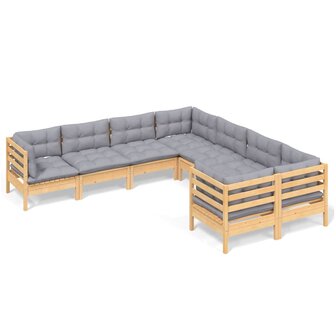 8-delige Loungeset met grijze kussens massief grenenhout