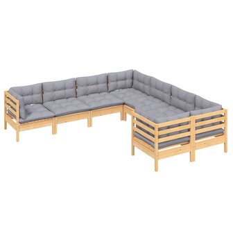 8-delige Loungeset met grijze kussens massief grenenhout