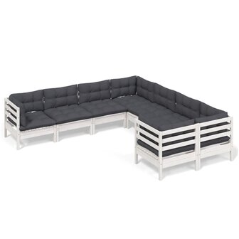 8-delige Loungeset met kussens massief grenenhout wit