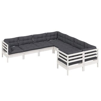 8-delige Loungeset met kussens massief grenenhout wit