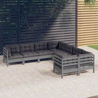 8-delige Loungeset met kussens massief grenenhout grijs