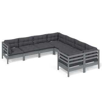 8-delige Loungeset met kussens massief grenenhout grijs