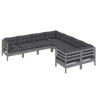 8-delige Loungeset met kussens massief grenenhout grijs