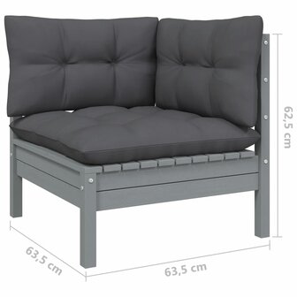 8-delige Loungeset met kussens massief grenenhout grijs
