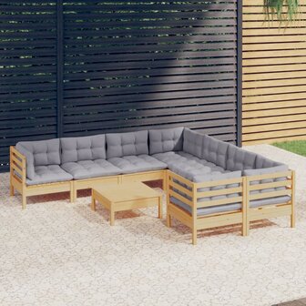 9-delige Loungeset met grijze kussens grenenhout