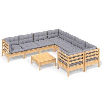 9-delige Loungeset met grijze kussens grenenhout