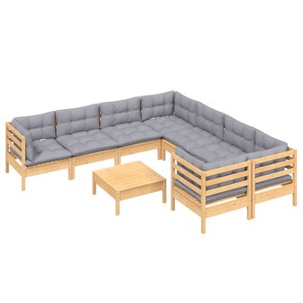 9-delige Loungeset met grijze kussens grenenhout