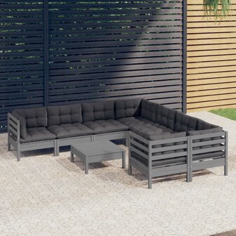 9-delige Loungeset met kussens grenenhout grijs