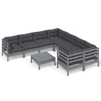 9-delige Loungeset met kussens grenenhout grijs