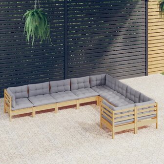 9-delige Loungeset met grijze kussens grenenhout