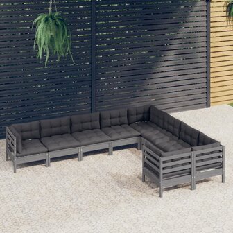 9-delige Loungeset met kussens grenenhout grijs