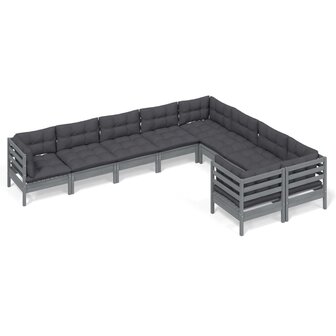 9-delige Loungeset met kussens grenenhout grijs