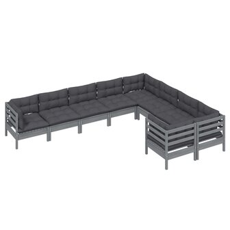 9-delige Loungeset met kussens grenenhout grijs