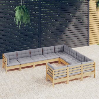 10-delige Loungeset met grijze kussens grenenhout